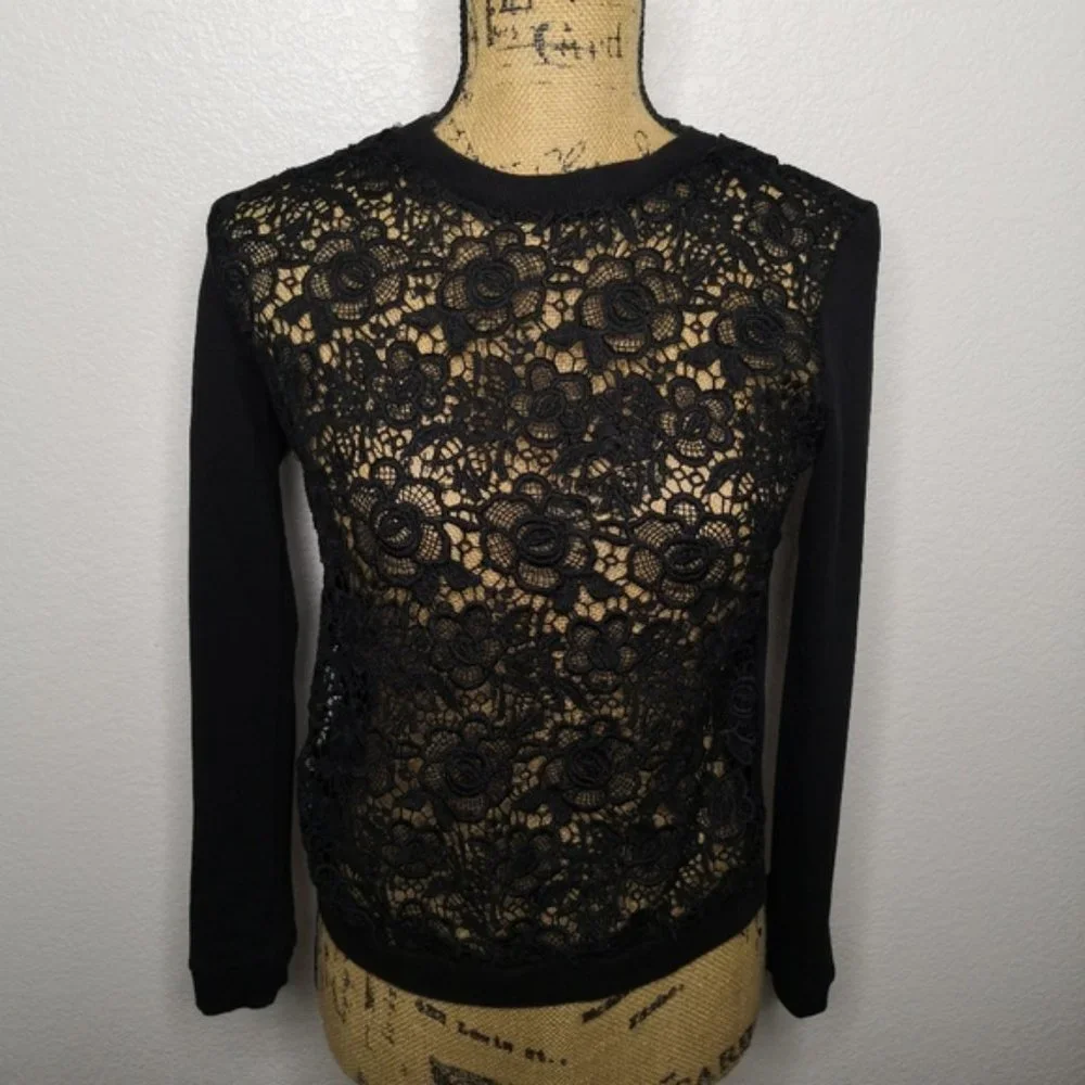 *Jonathan Martin Black Lace Front Long Sleeve Knit Top Solid Back Size Medium